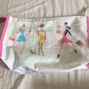 Pink & White Illustrated Canvas Cosmetic Pouch - Women's Bag